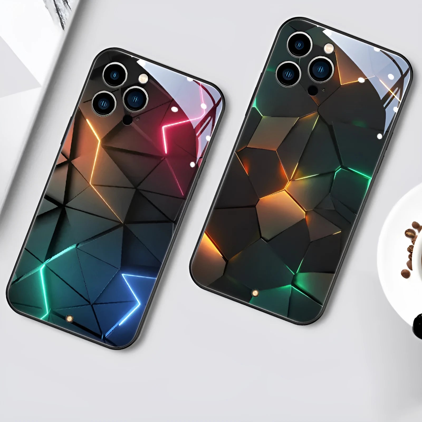 Xpress 14 tempered glass iPhone case with illuminated diamond grid pattern lighting up.