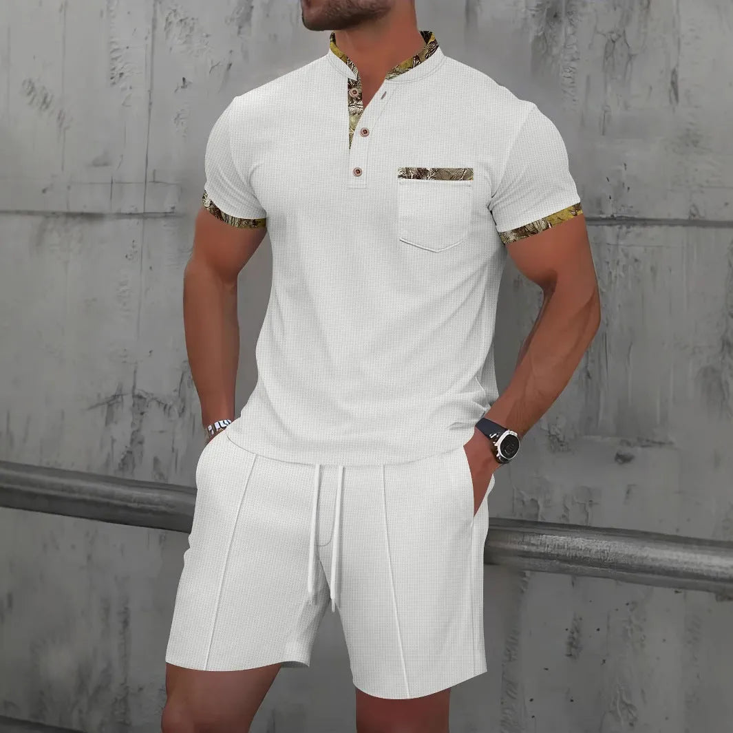 Men's grey waffle zipper polo collar short sleeve top with matching shorts laid flat