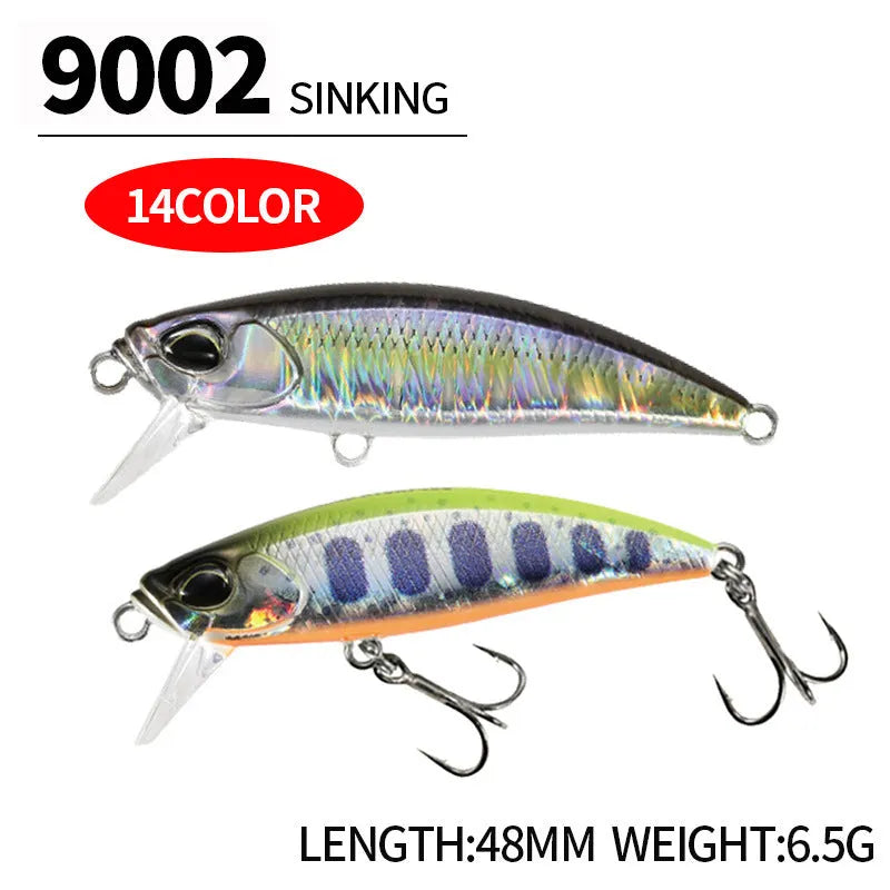 48mm soft plastic submerged minnow fishing lure for mandarin fish and snakehead, showing one of 14 colour options.