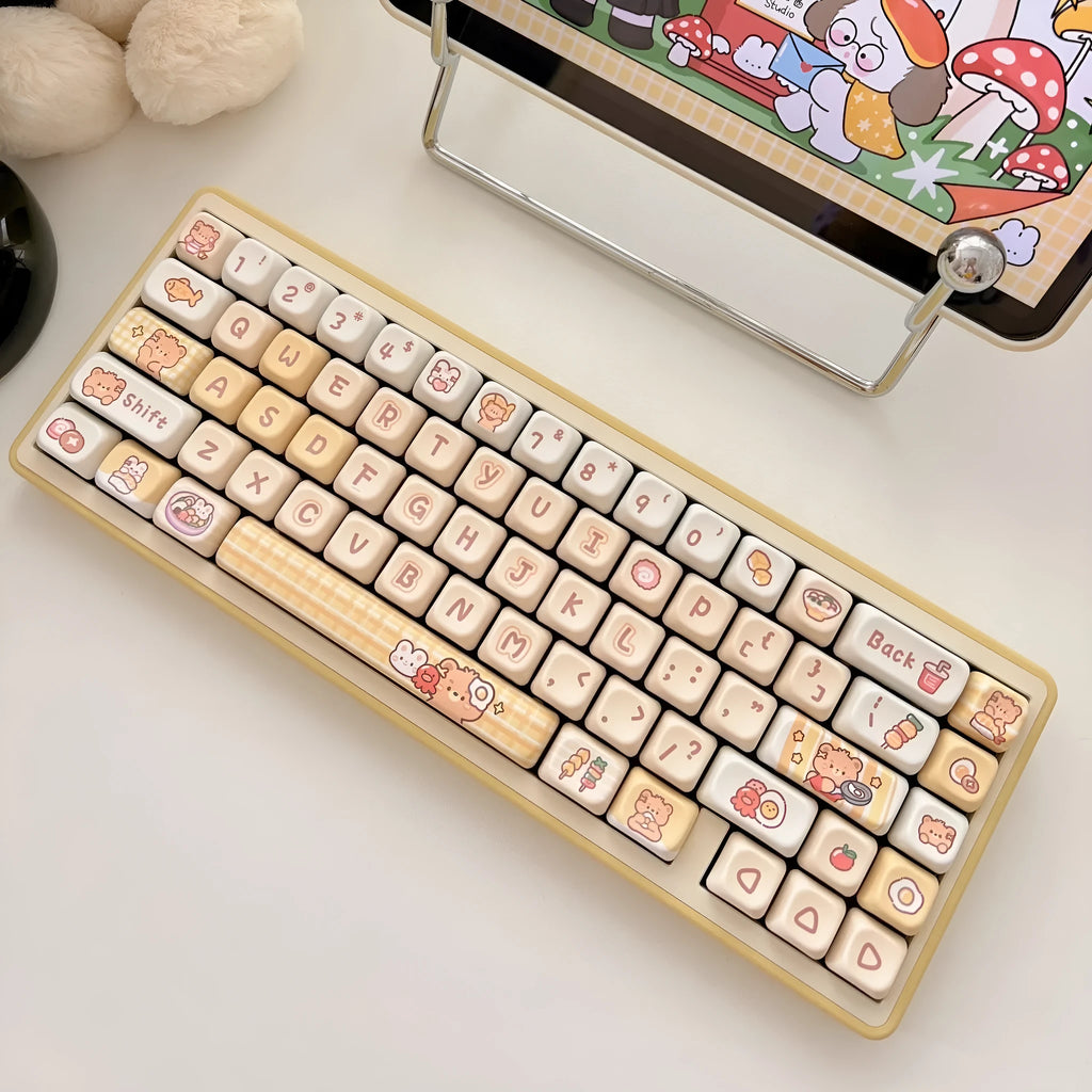Rabbit Bear Restaurant themed mechanical keyboard keycap set showing PBT construction and thermal sublimation printing