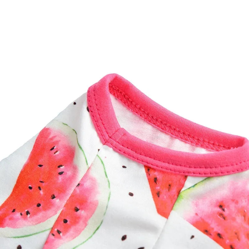 Watermelon red four-leg dog jumpsuit with watermelon print in polyester, shown as pet clothing