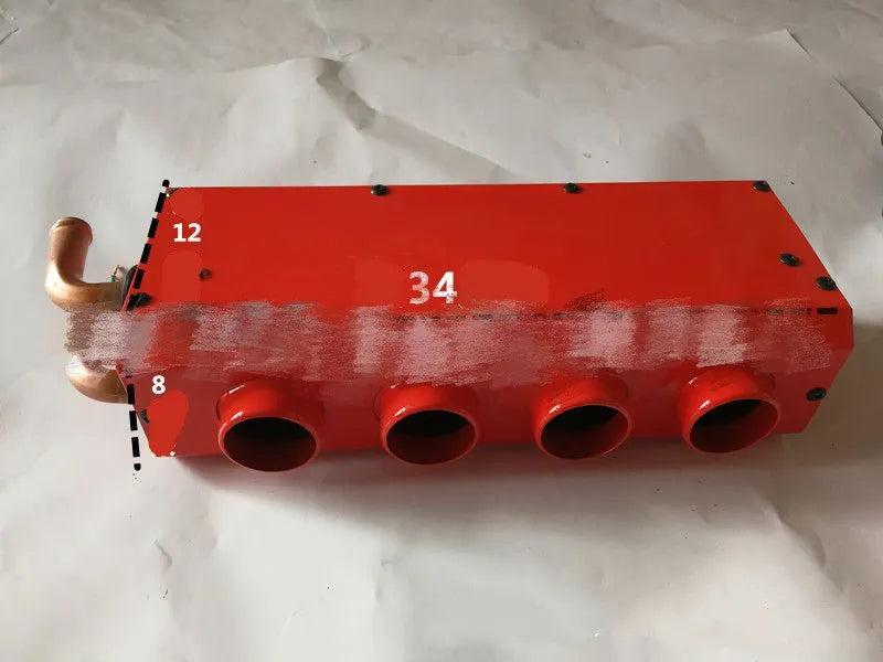 Compact metal 12V 24V car heater with four copper pipes and manual control, dimensions 34cm by 12cm by 8cm.