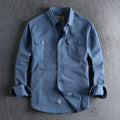 Men's solid colour cotton long sleeve shirt in cardigan style, shown in light blue.
