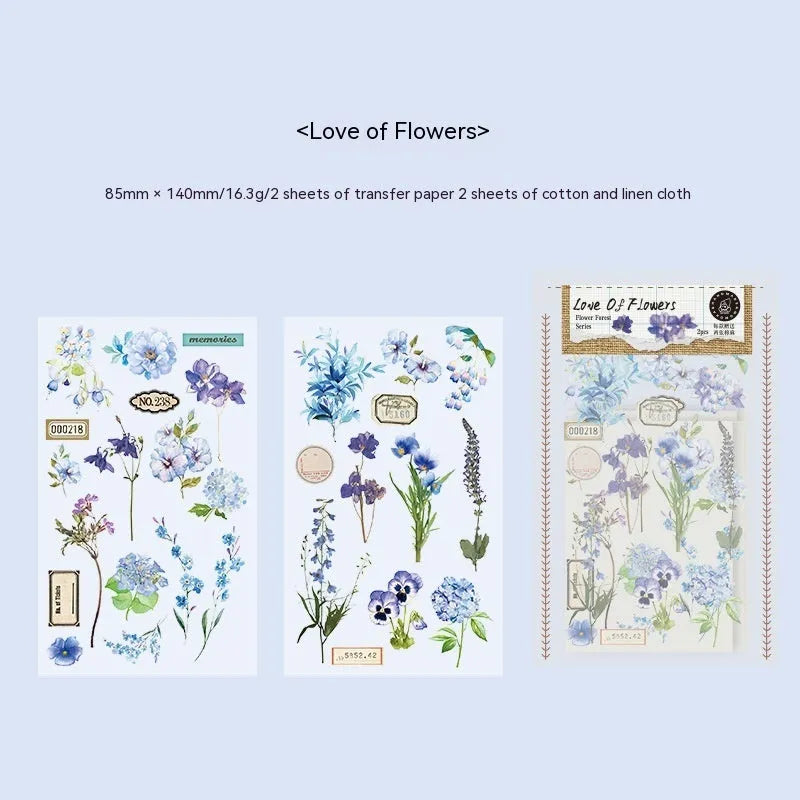 Huazhisen forest art deco sticker pack showing six 85x180mm designs with transfer paper and cotton linen sheets