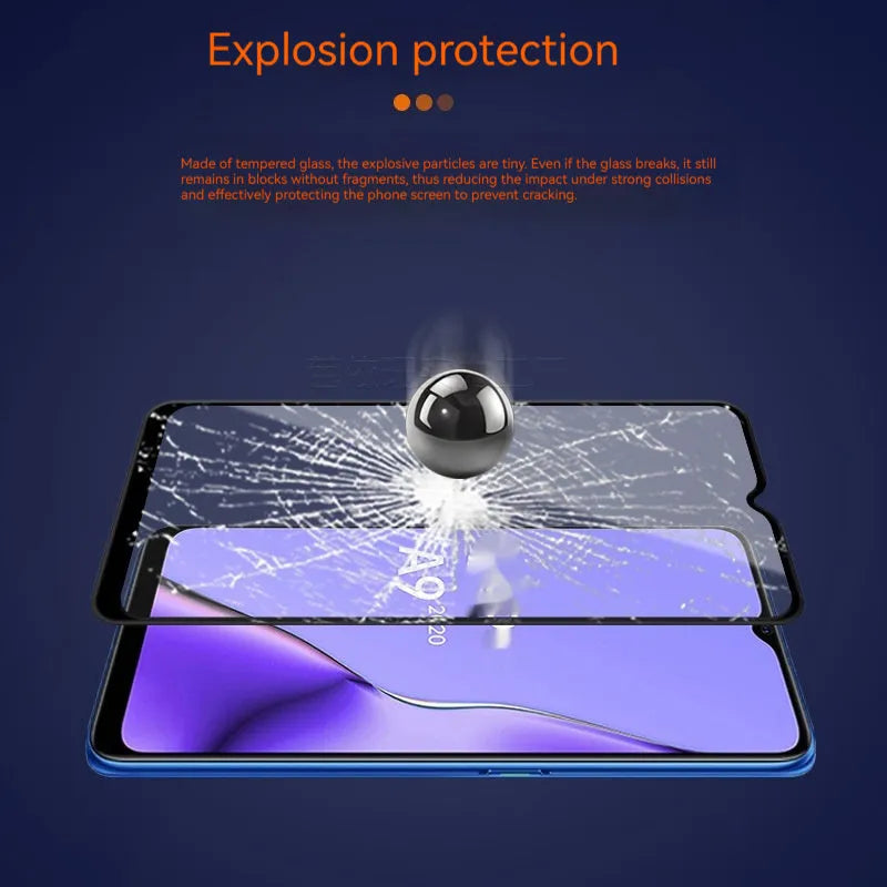 Full glue tempered glass screen protector for OPPO A9 2020 smartphone shown in black.