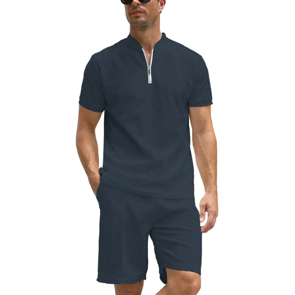 Men's solid colour polo shirt and trousers two-piece set in beaded bird's eye polyester fabric