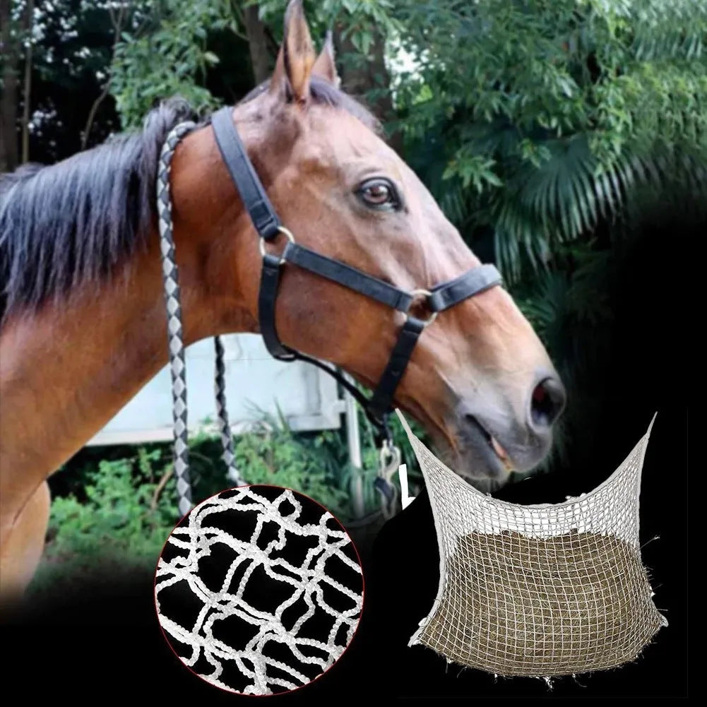 Woven grid hanging feeding bag for horses and livestock in black or white PE rope construction