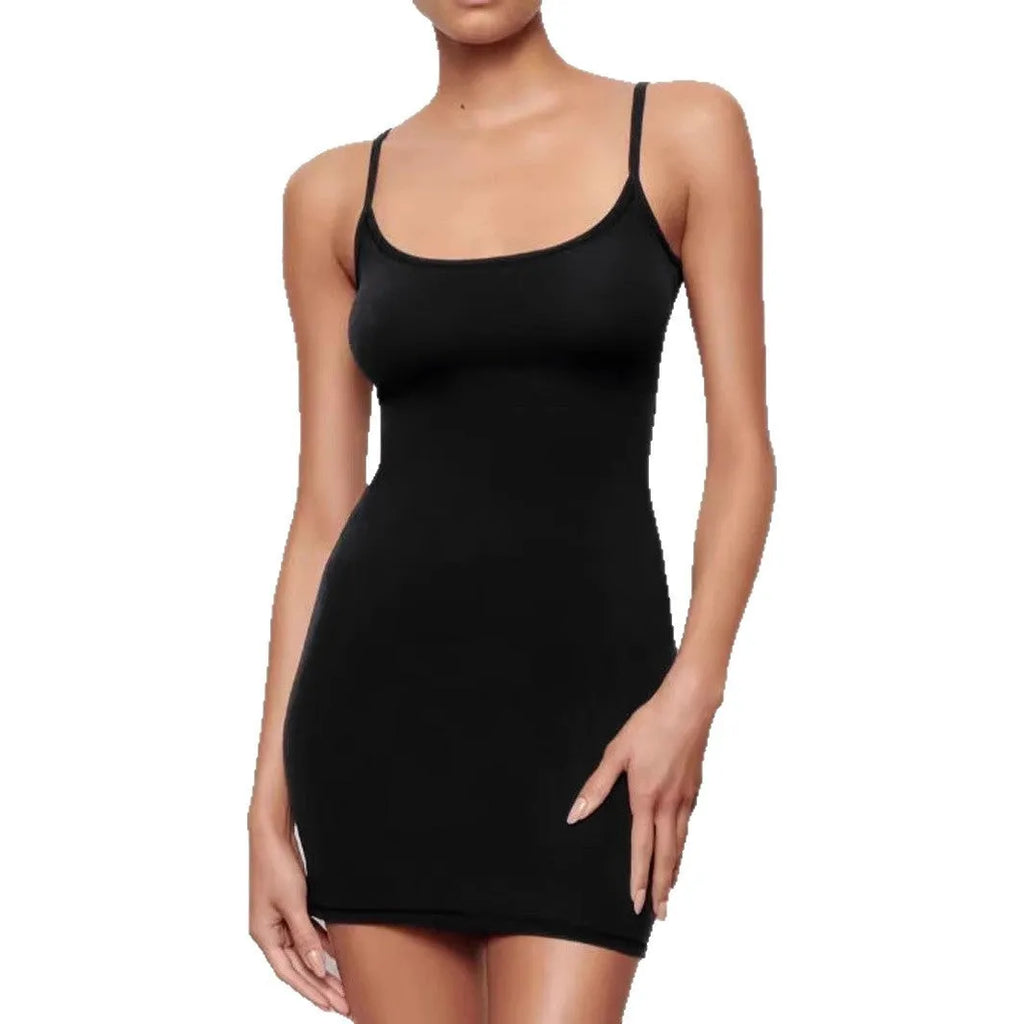 Black sling-style sheath dress with sleeveless design and short skirt length
