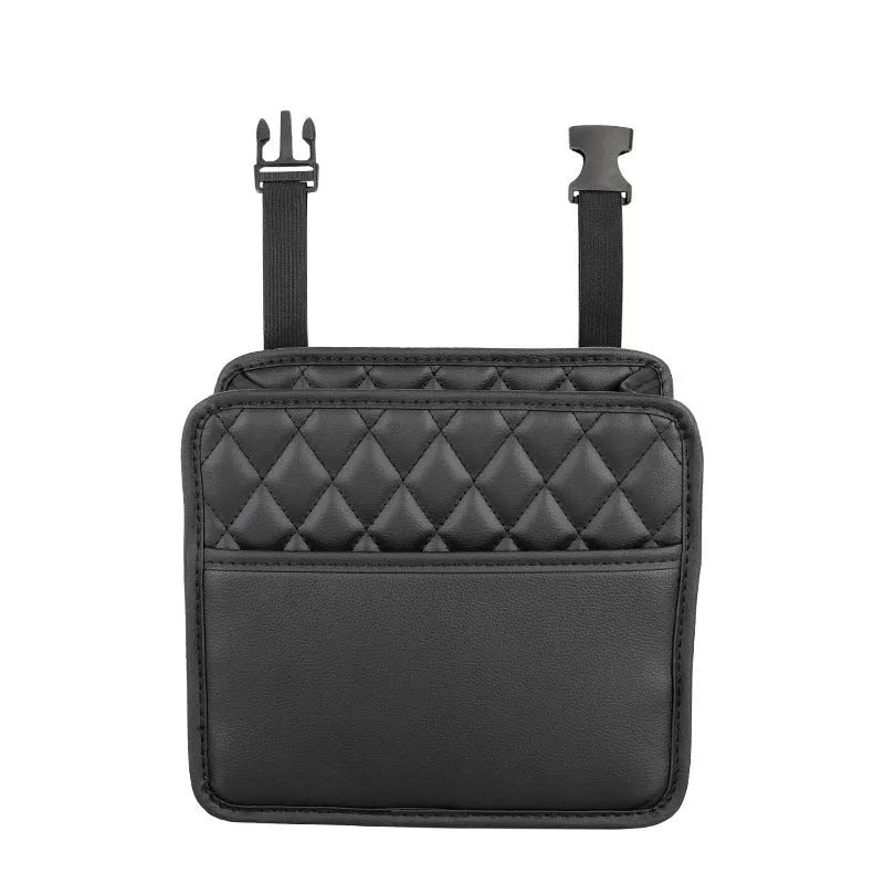 Black leather car hanging storage bag measuring 25cm square with 8cm depth