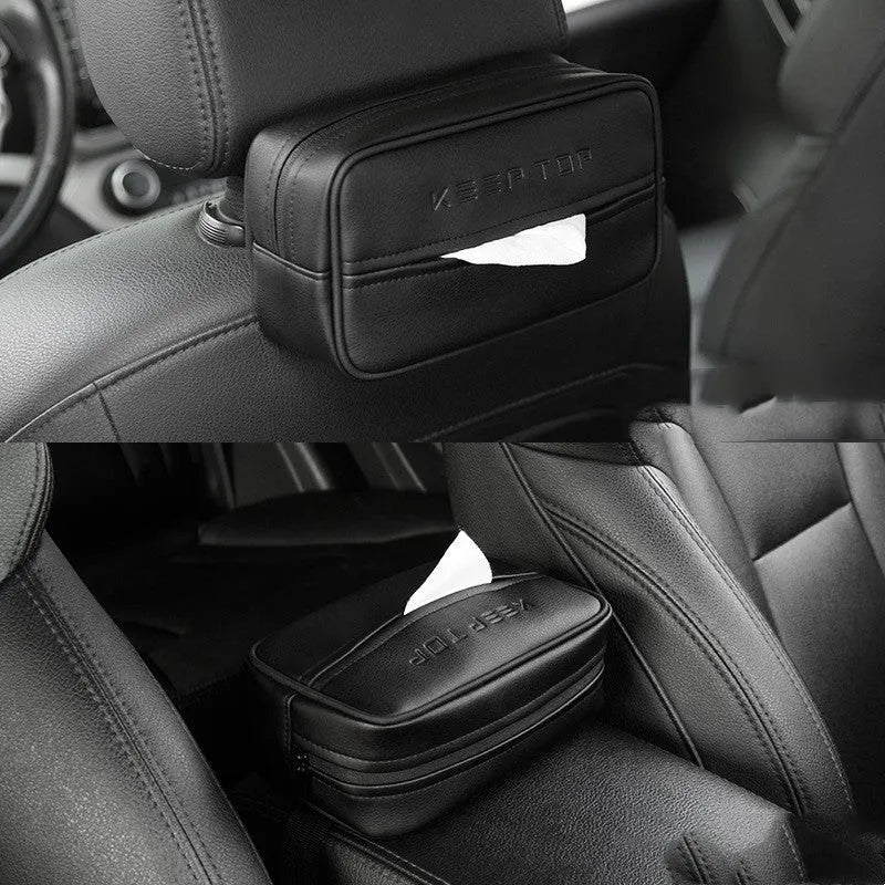 Black PU leather hanging storage box with carrying handle for car and home organisation