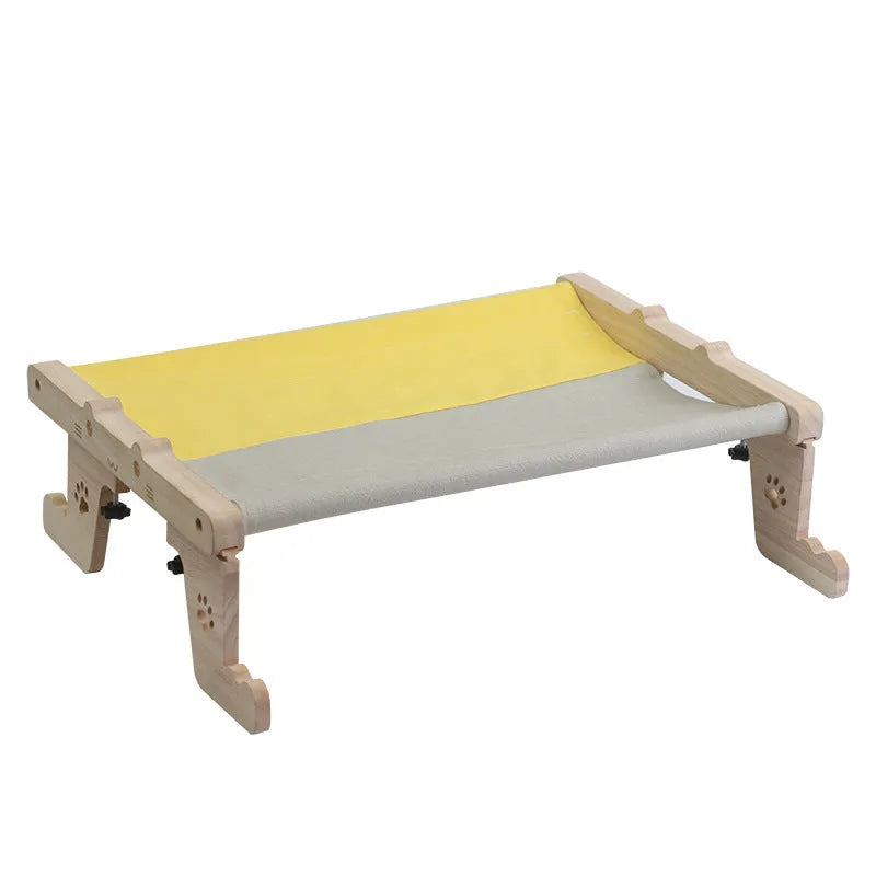 Wooden cat hanging bed hammock with fabric cushion in one of seven style designs