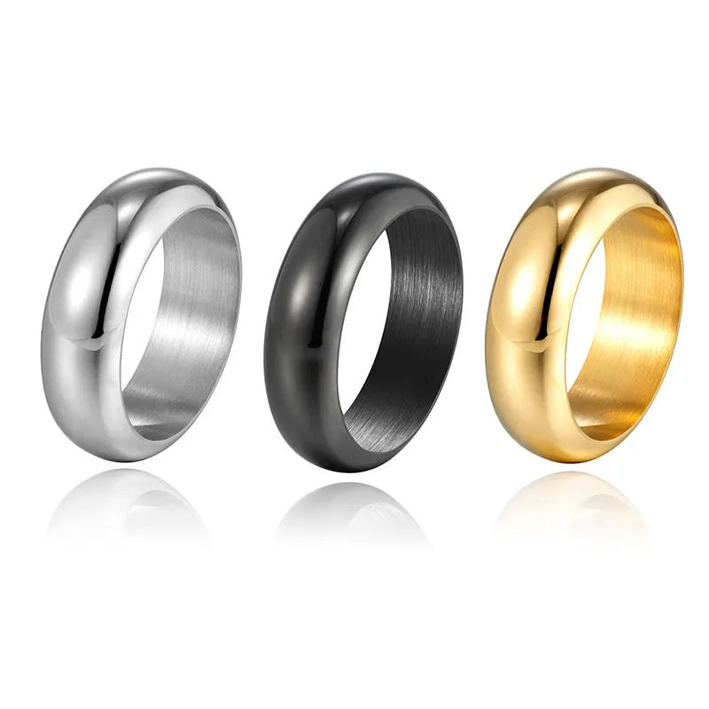 Glossy electroplated titanium steel ring in gold, black, or steel colour showing band detail