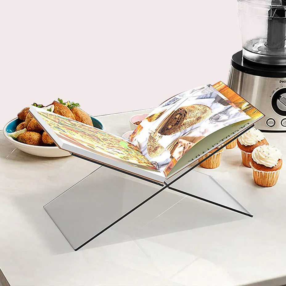 Clear acrylic X-type desktop book display shelf measuring 28x15x15cm