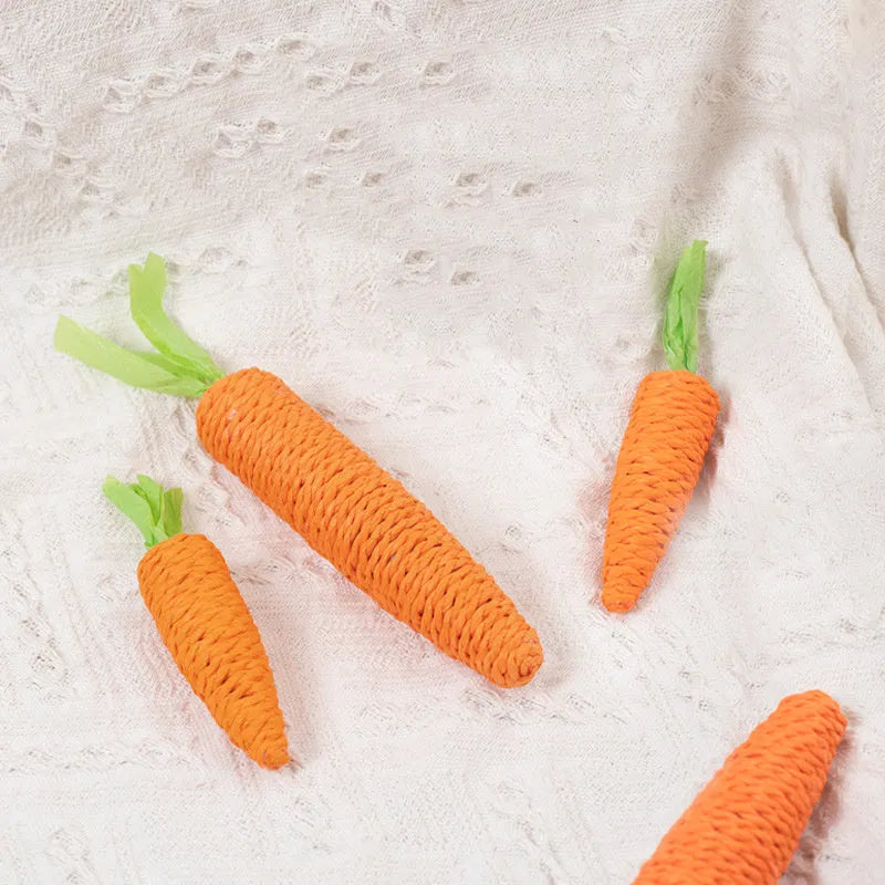 Assortment of cat toys including carrot-shaped bites, crinkly paper toys, ringing stones, sticks, and tooth grinding sticks.