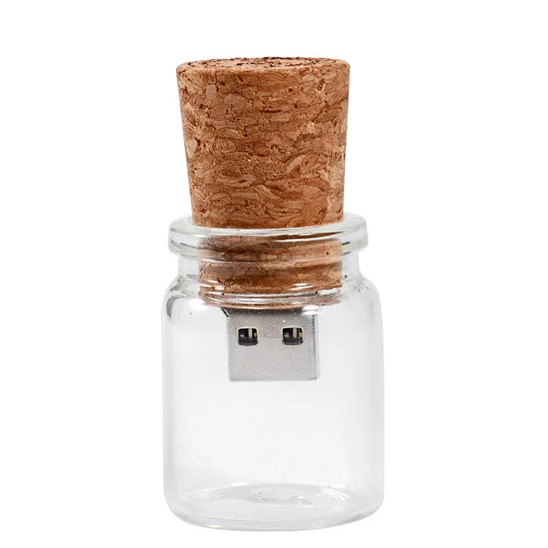 Personalised chocolate brown wooden drift bottle design USB flash drive with custom graphic lettering.