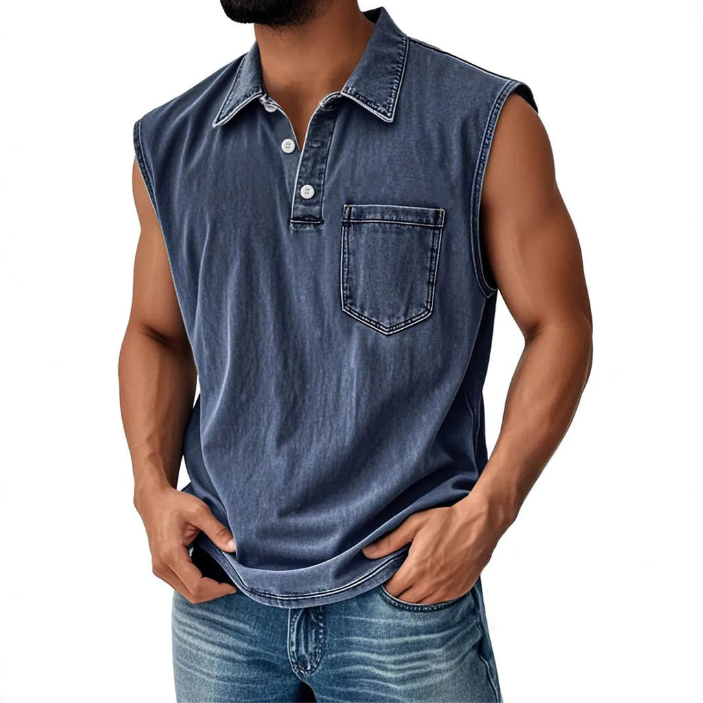 Man wearing a short sleeve polo shirt with a 3D digital printed pattern and button-down collar.
