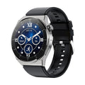 Black Android smart watch with round dial and silicone strap on wrist, showing home screen.