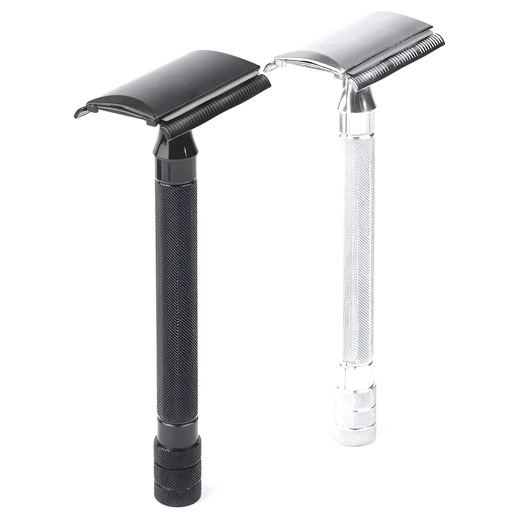 Traditional manual safety razor with natural bristle brush shaving set in black or silver finish