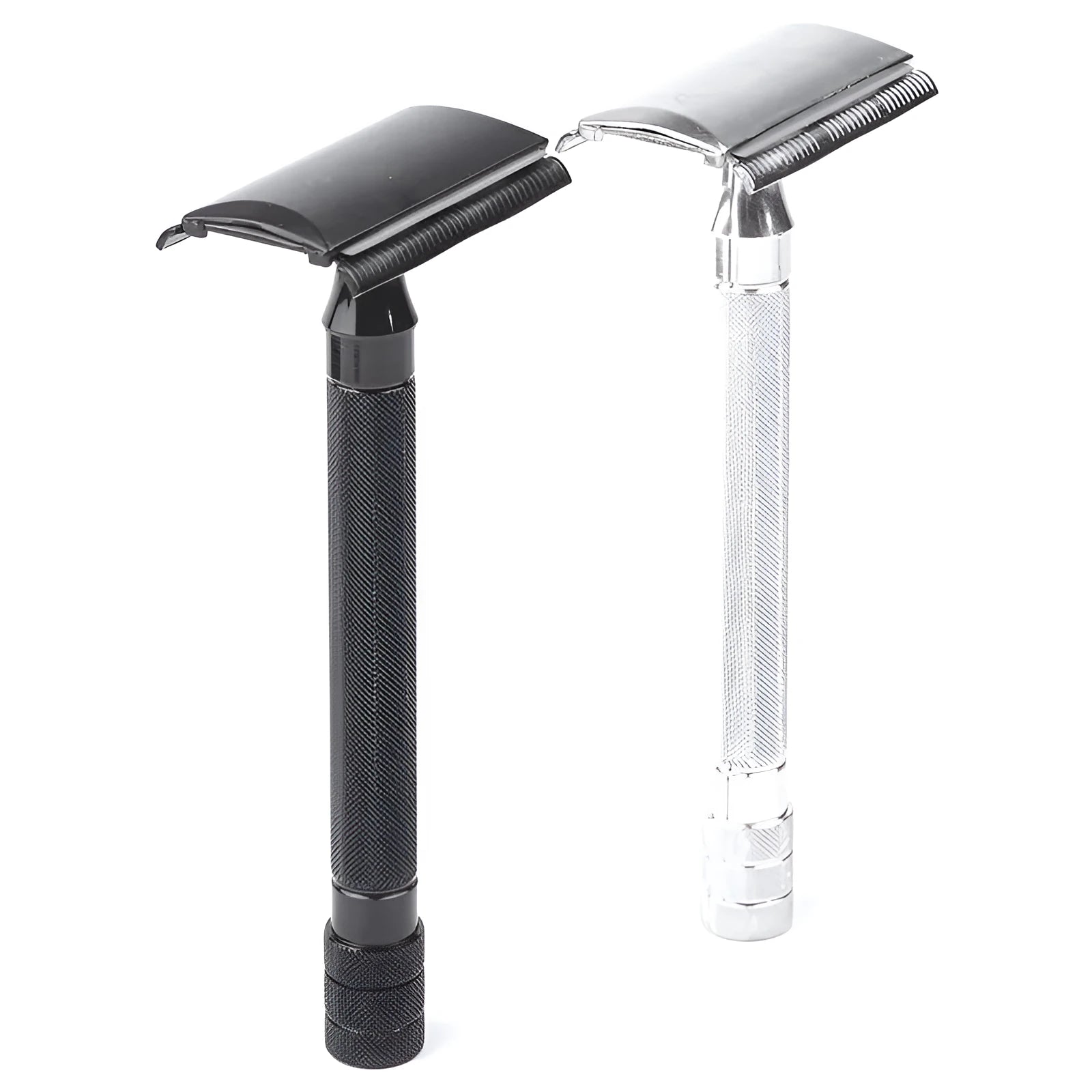 Traditional manual safety razor with natural bristle brush shaving set in black or silver finish