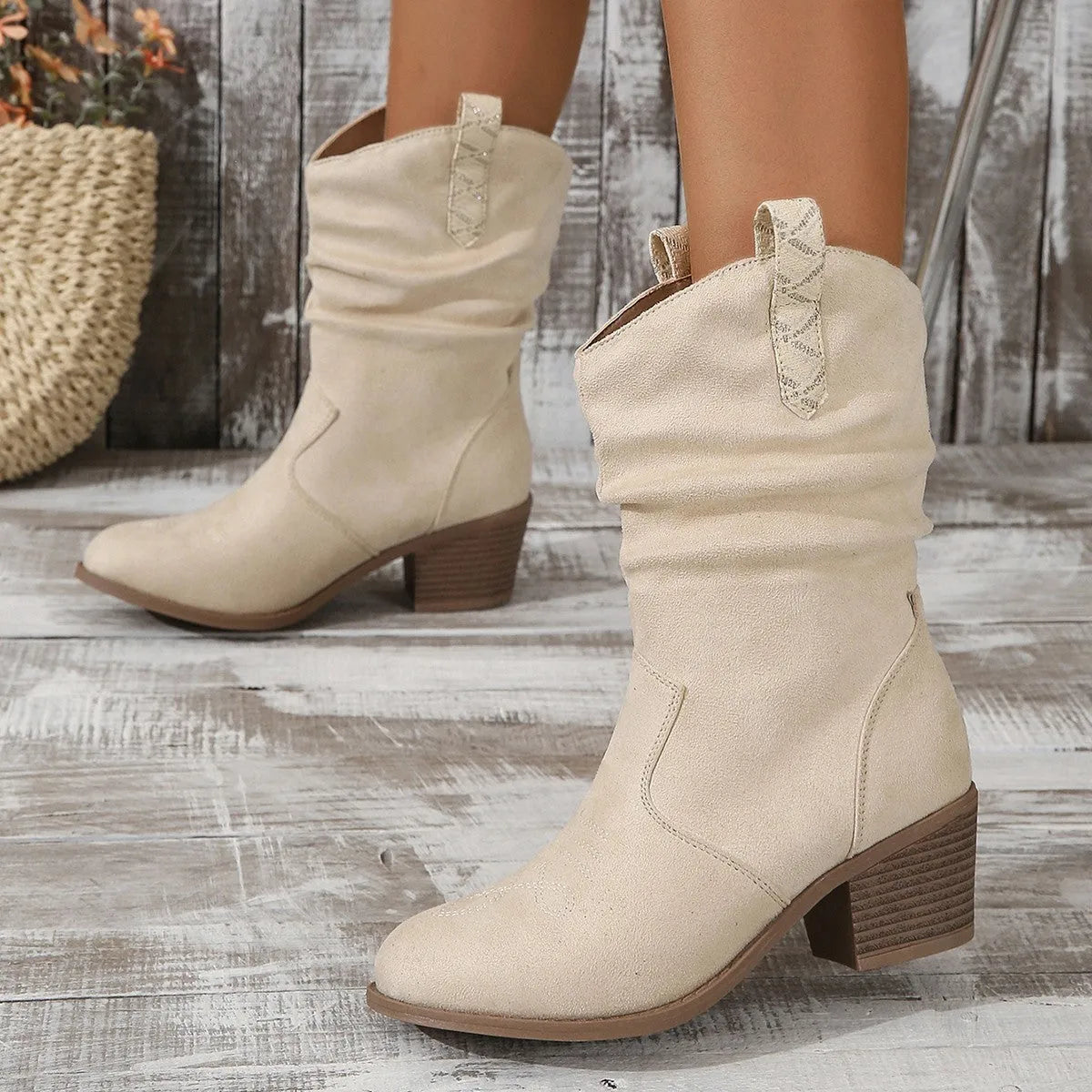 Women's suede mid-calf boots with 3-5cm mid-heel in milky white and lotus root colours