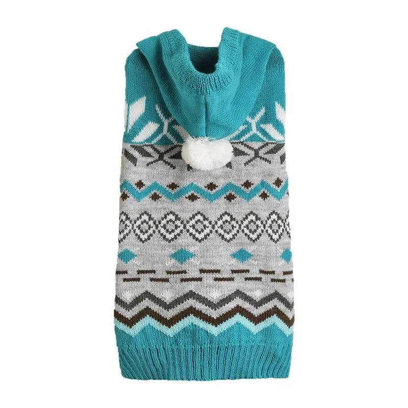 Blue diamond pattern acrylic dog sweater shown on small breed dog