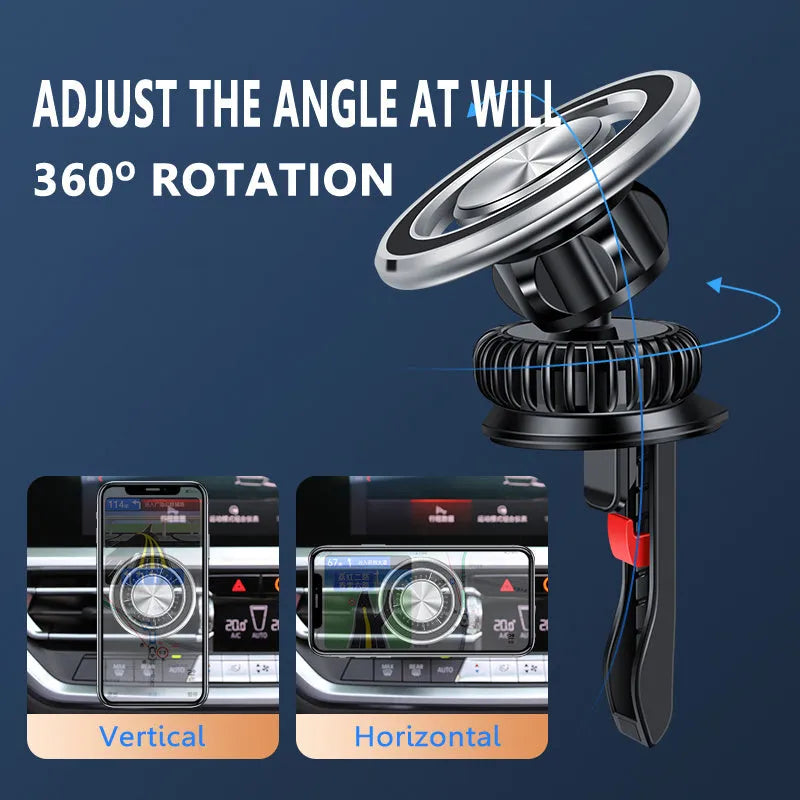 Black magnetic car air vent phone holder with snap-on bracket shown mounted on a vehicle vent.