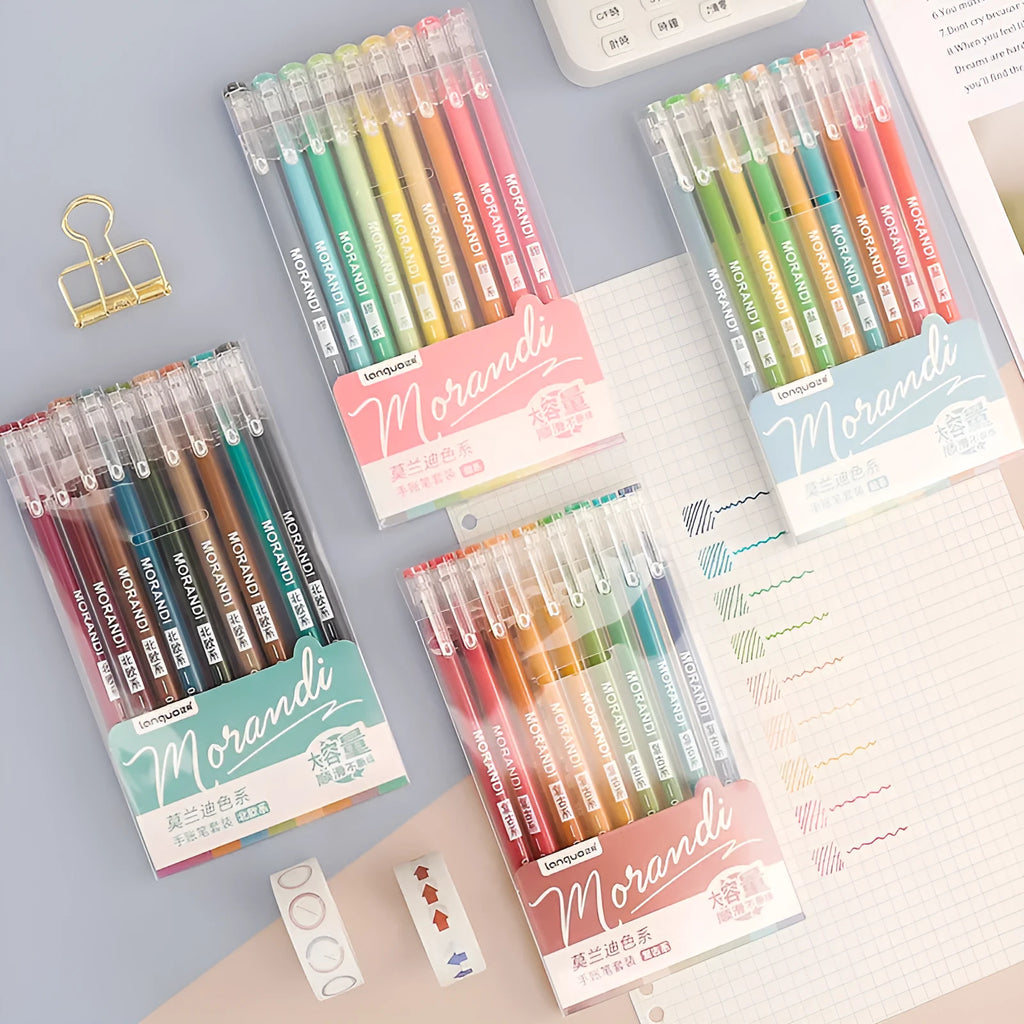 Set of nine retro style gel pens with 0.5mm needle tips in plastic casings on a notebook