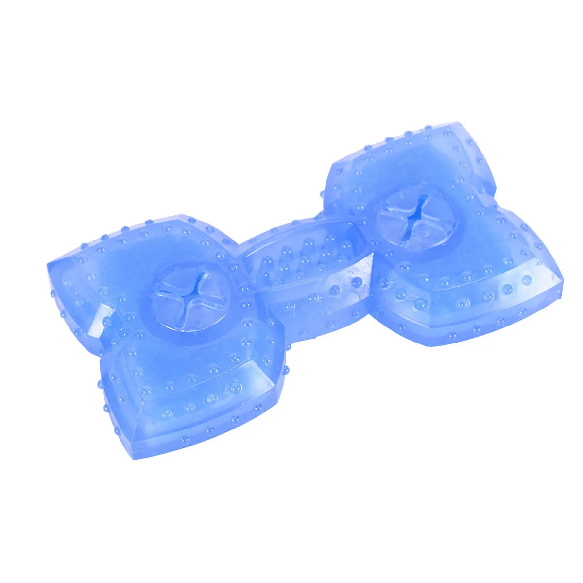 Freezable bone-shaped and circle-shaped dog cooling chew toy filled with purified water.