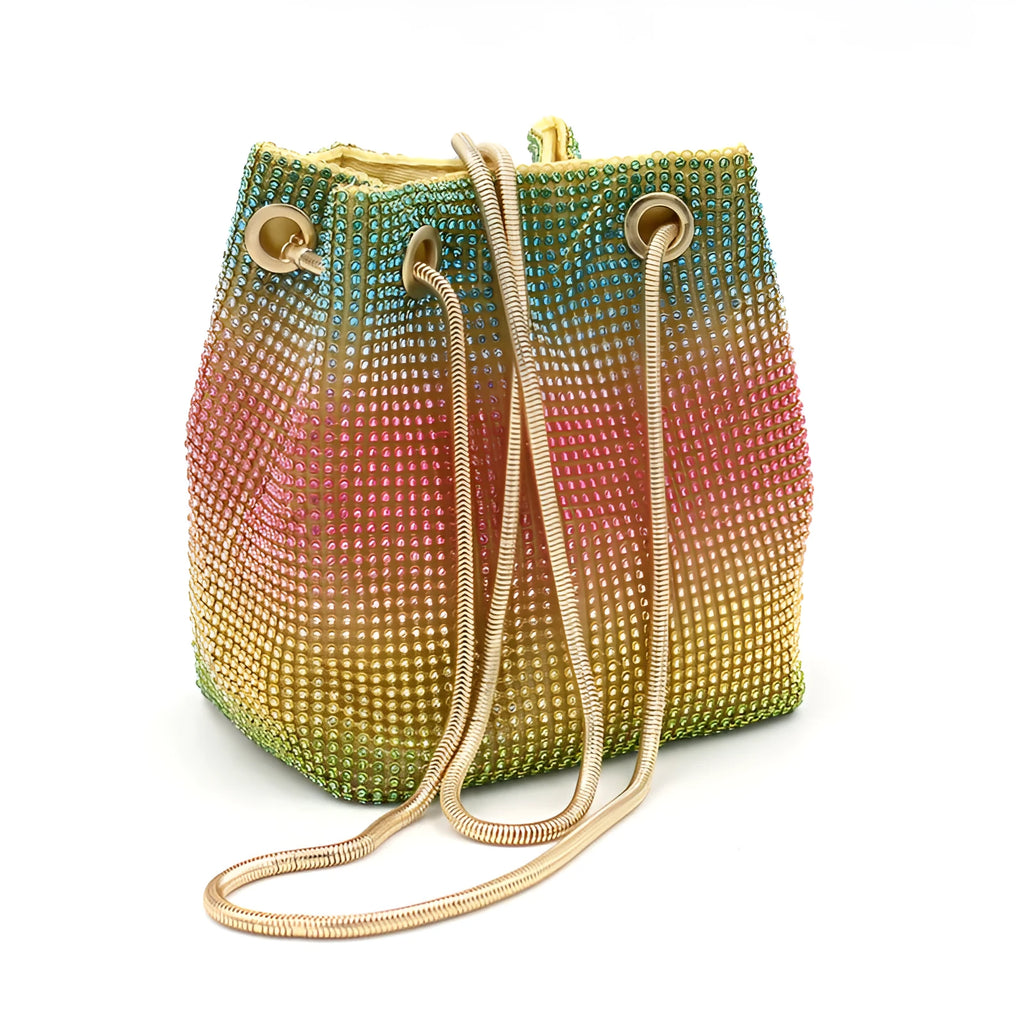 Rainbow rhinestone bucket handbag with glittering crystal surface