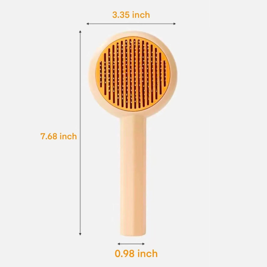 Blue and yellow pet grooming brush with metal pins and a self-cleaning button on the handle.