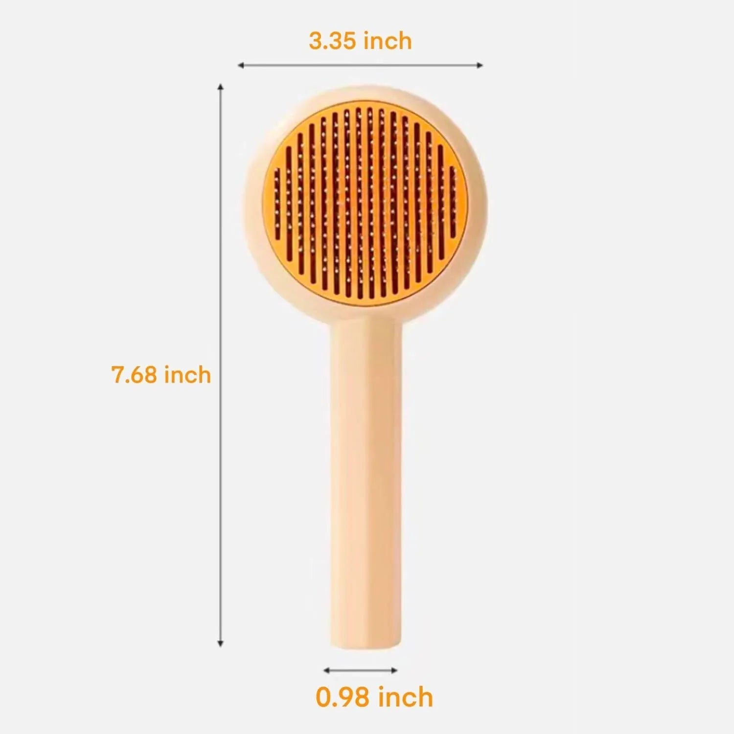 Blue and yellow pet grooming brush with metal pins and a self-cleaning button on the handle.