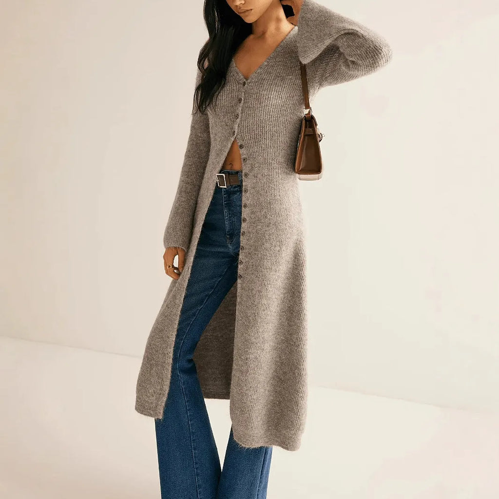 Khaki French style retro long sleeve cardigan coat with button fastening