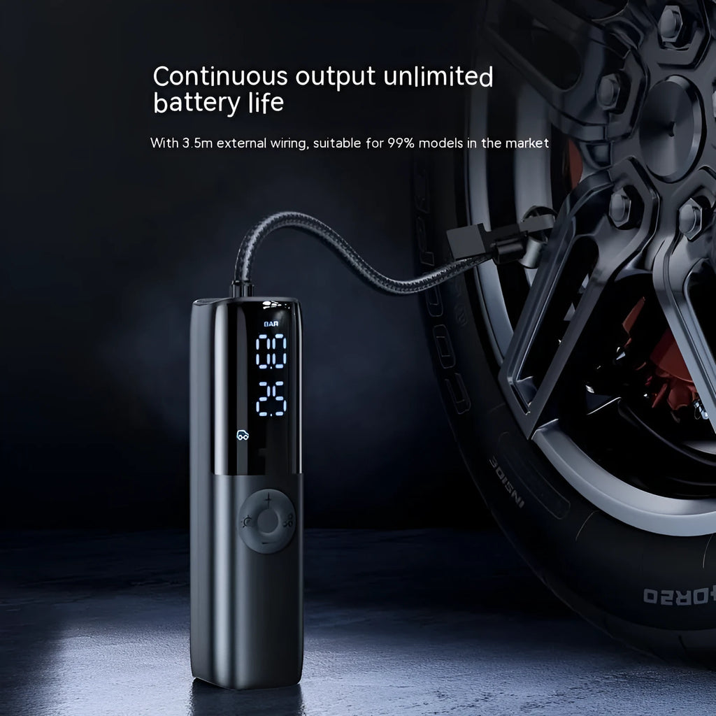 Black portable electric vehicle air pump with built-in pressure gauge and ABS inflation hose for 12V/24V car tyre inflation.