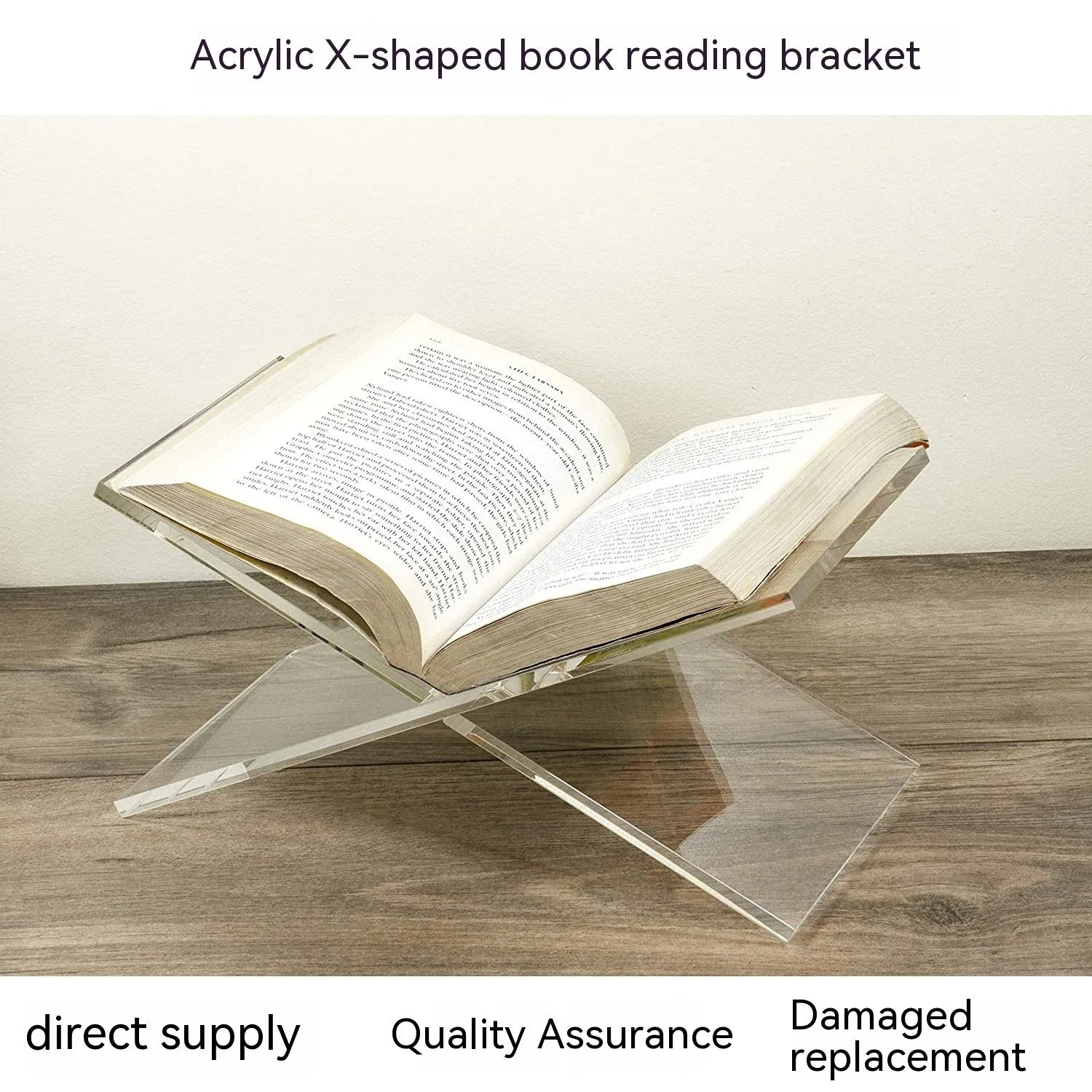 Clear acrylic X-type desktop book display shelf measuring 28x15x15cm