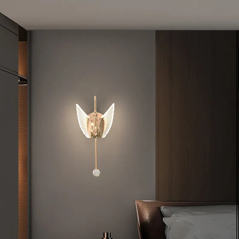 Gold modern minimalist swan LED wall lamp with acrylic shade offering tricolor dimming