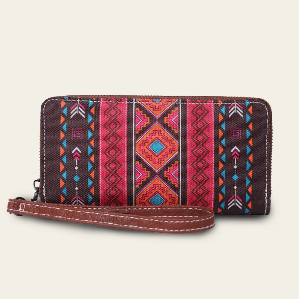 Bohemian striped canvas RFID wallet showing anti-theft function and multiple colour options