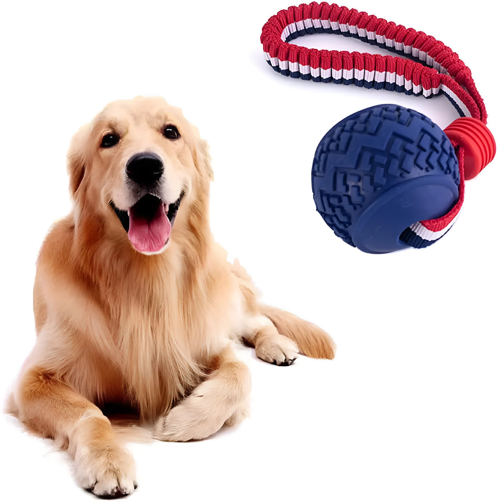Red rubber dog ball with rope attachment for tug of war and teeth cleaning