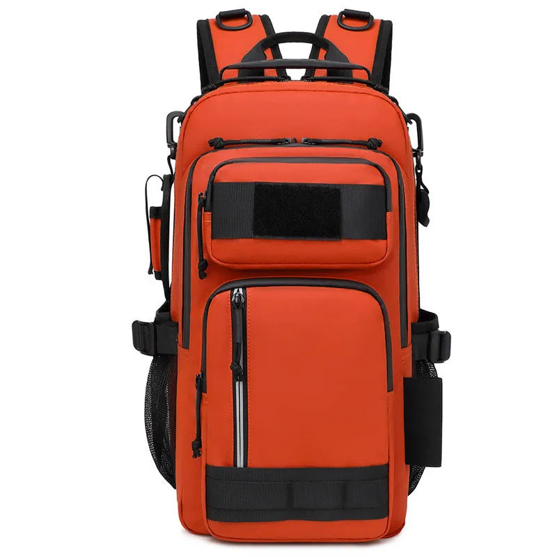 Large orange and black outdoor backpack with 20-35 litre capacity for hiking camping cycling