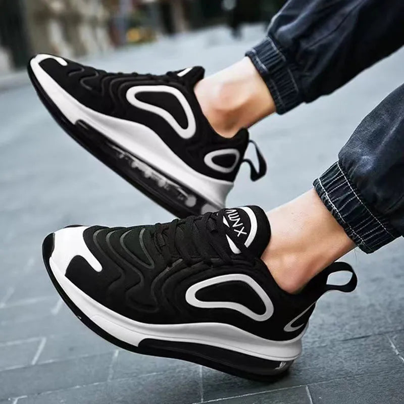 Men's black lace-up sneakers with air cushion sole and round toe design