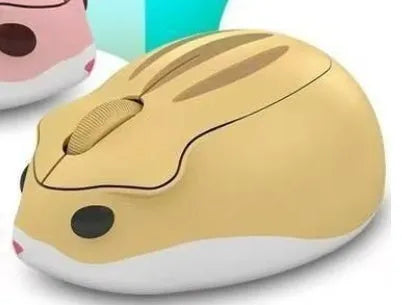 Hamster Wireless Bluetooth Silent Mouse in grey, pink, and yellow colour options shown on a desk.