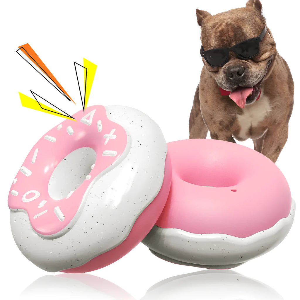 TPR donut-shaped dog chew toy with squeaker in pink, yellow, or chocolate colour.