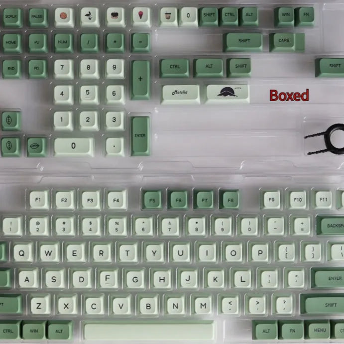 124 PBT keycaps with matcha green colour and white doubleshot legends for mechanical keyboards.