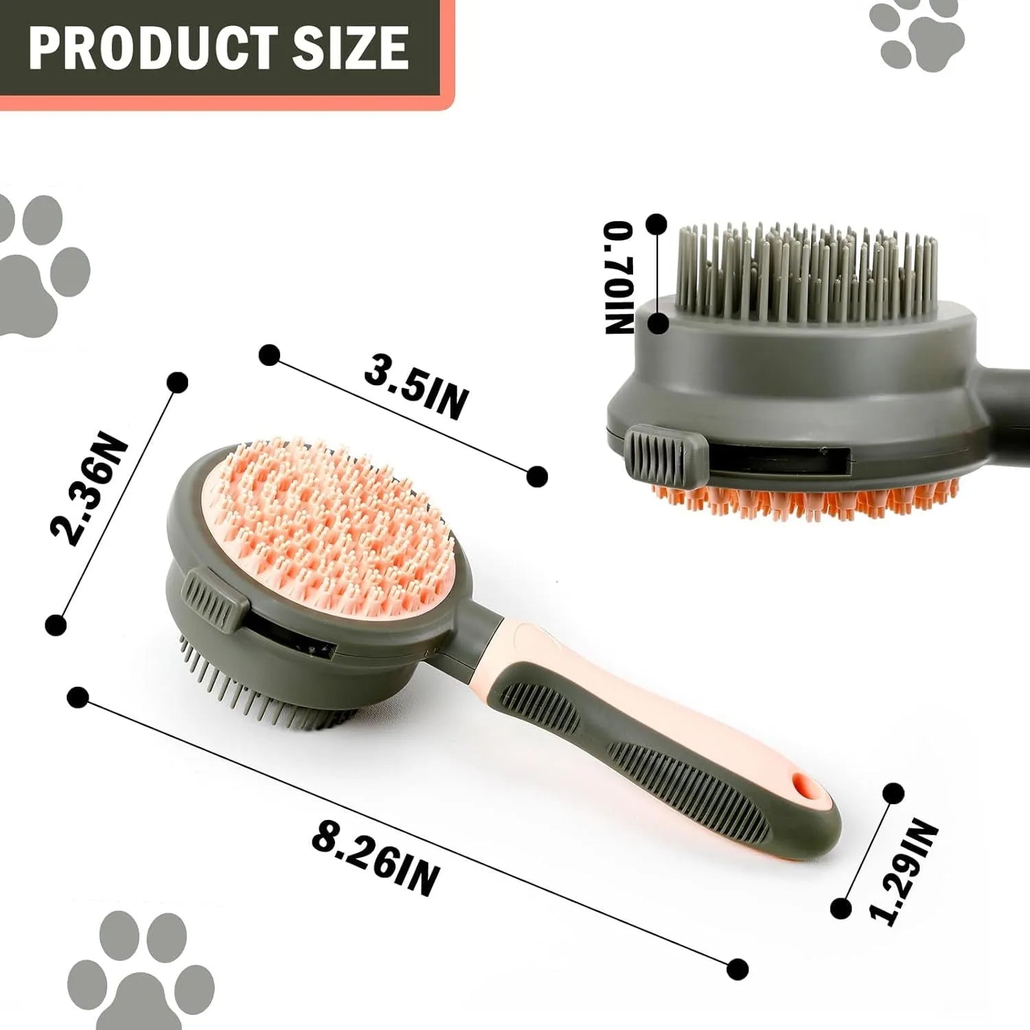 Pink and green double-sided cat brush with release button and attached flea comb