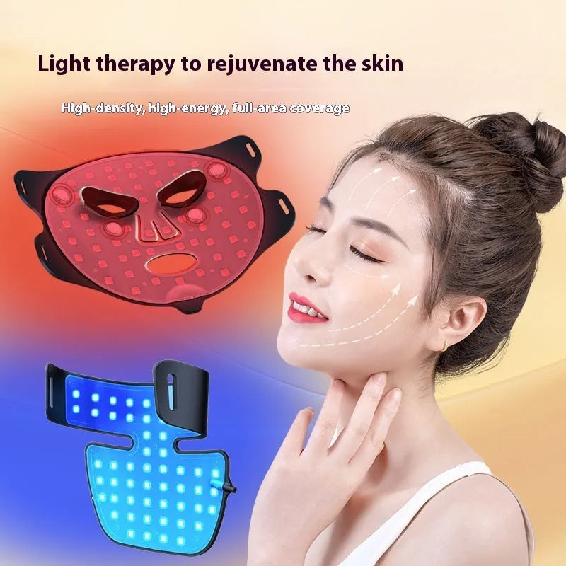 Black four-colour LED photon beauty mask with neck care function and infrared therapy for home use.