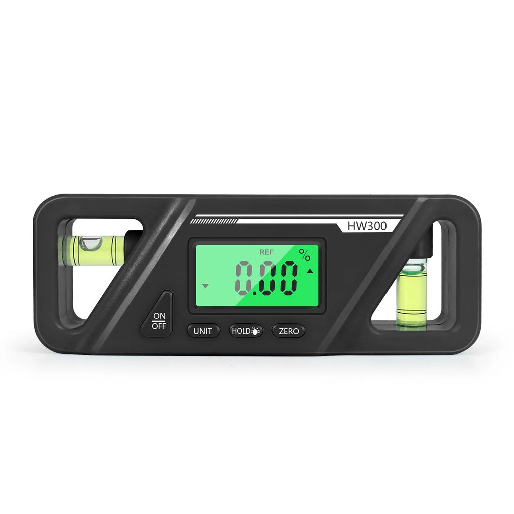 HW300 digital inclinometer level meter with magnetic base and LCD display showing angle reading.