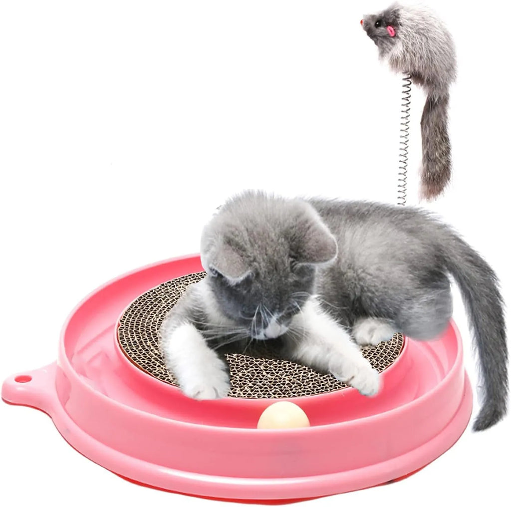 Circular blue cat scratcher with ball track and replaceable cardboard centre for indoor play
