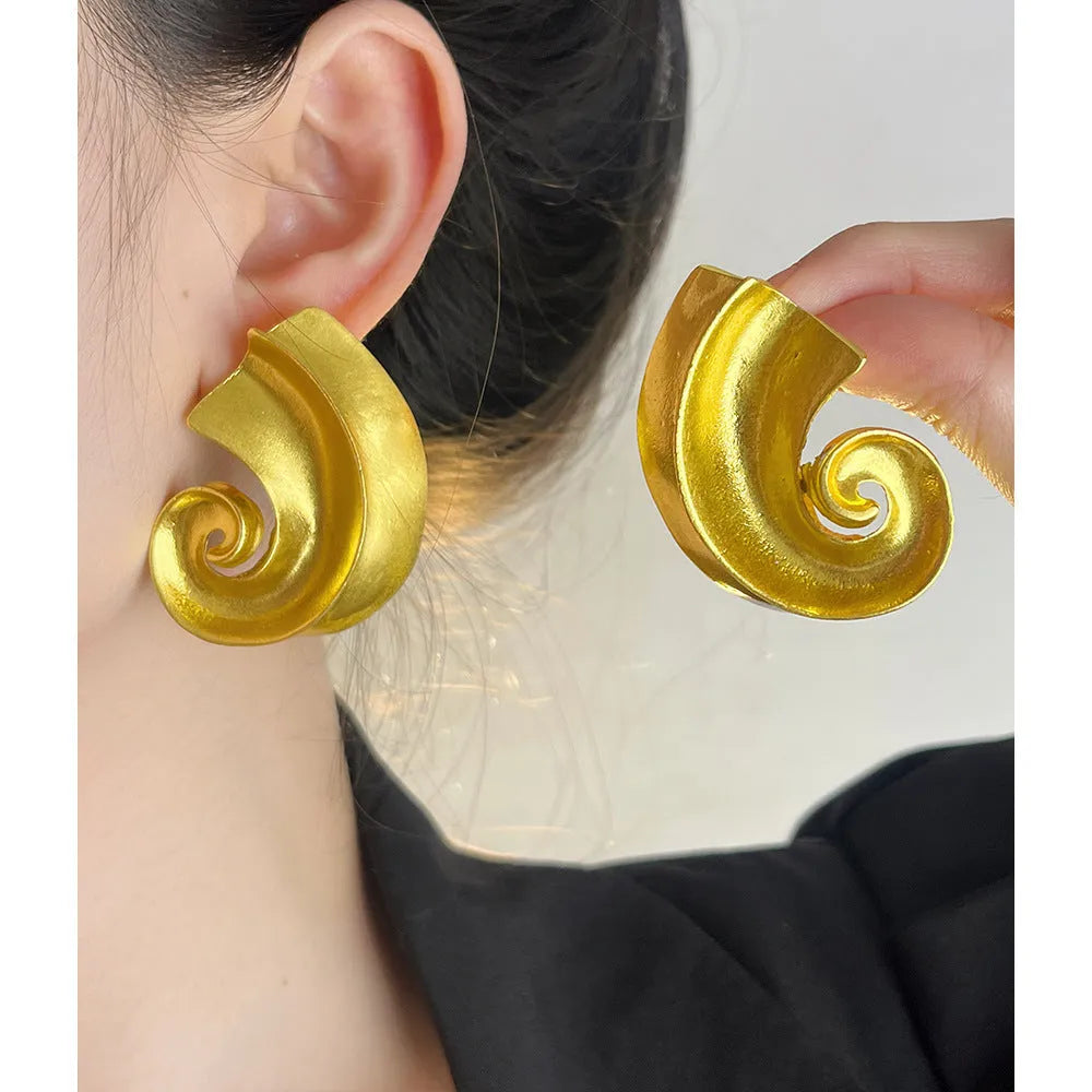 Gold and silver retro geometric ear studs with 5cm alloy construction and electroplated finish