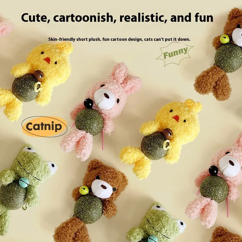 Plush catnip ball toy shaped as a character, showing 15cm height, with mint ball inside.