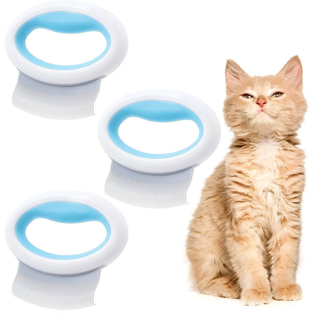 Curved pet grooming comb for cats and dogs with soft teeth and plastic handle