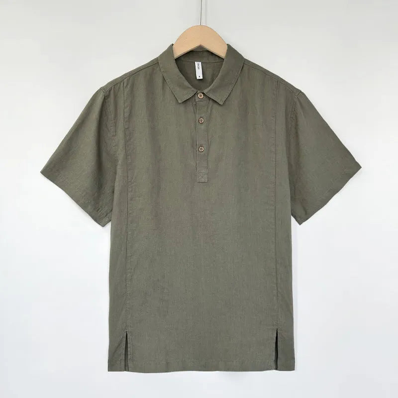 Men's linen summer top with thin lapels and short sleeves in loose fit